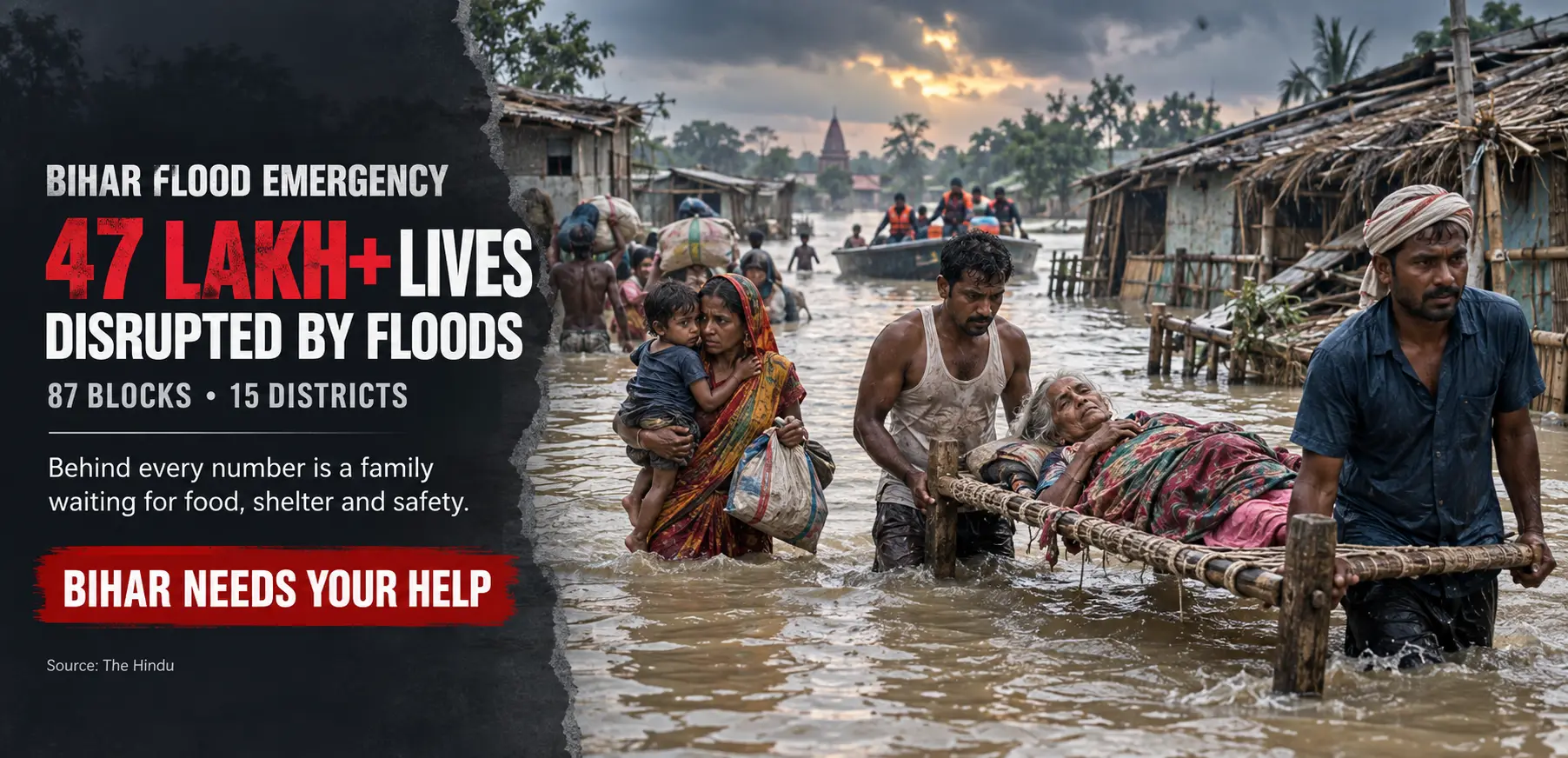 Bihar needs your help. Donate to support food, clean water and shelter for flood-affected families.